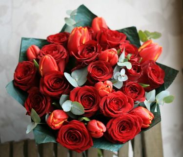 premium red roses and tulips with eucalyptus  (30 stems)
